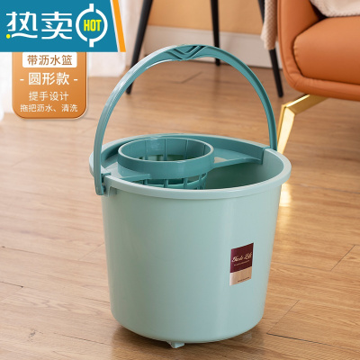 敬平带轮子家用加厚拖地拖把桶塑料旋转拧水墩布单桶手动挤水桶地拖桶 圆形款绿色[带沥水篮+轮子]