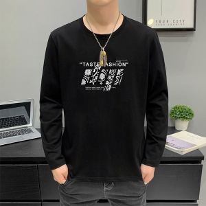男装秋冬季长袖T恤韩版潮牌印花圆领纯棉打底衫百搭体恤男秋衣士