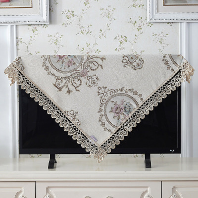 欧式电视机盖布蕾丝防尘罩套布电视帘液晶帘挂式5 语晨小花边-米色 110*110cm(38-47寸电视机可用)方桌也可用