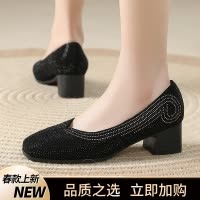 方头中跟单鞋烫钻百搭一脚蹬女鞋2025软底法式配裙子浅口时尚单鞋