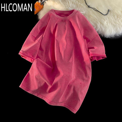 HLCOMAN水洗做旧纯色复古t恤oversize 宽松短袖男情侣多巴胺半袖上衣