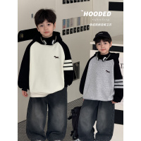 童酷儿童冬款湖州织里童装一体绒小狗刺绣拼色连帽男童卫衣潮