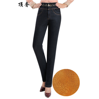 顶奢2019秋冬季加绒加厚女士牛仔裤厚款高腰直筒裤中年女牛仔裤弹力女裤子妈妈裤