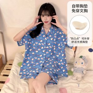 2026年短袖短裤云朵棉夏季薄款开衫睡衣女可爱新款带胸垫套装