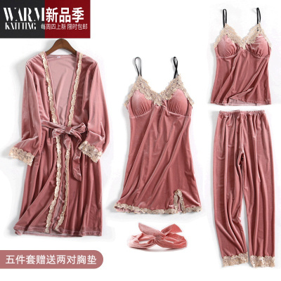 睡衣女春秋冬性感金丝绒五件套装吊带胸垫睡裙蕾丝长袖睡袍家居服SHANCHAO