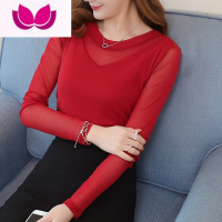 七斓网纱打底衫长袖女上衣大码2023女装圆领精致知性纱衣外穿T恤