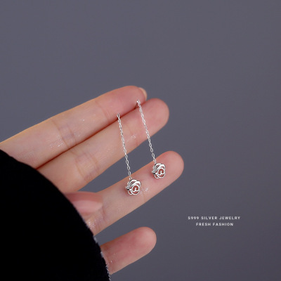 玫瑰花流苏耳线女S999足银简约气质长款超仙耳环镂空设计耳饰批发送女朋友老婆情人节七夕生日礼物