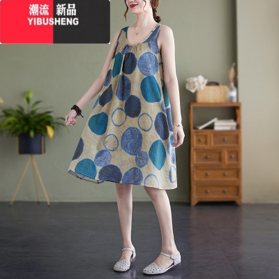 YIBUSHENG大码装女胖mm宽松遮肚子显瘦a字裙无袖圆领印花棉麻背心连衣裙