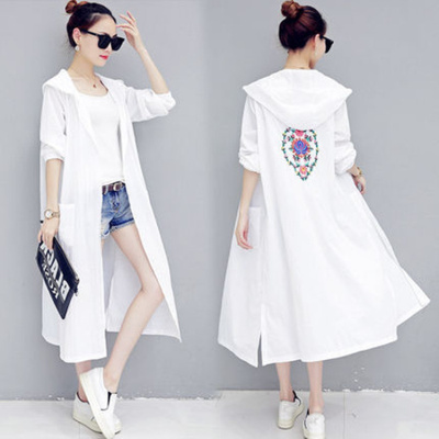 尚品杭新款民族刺绣防晒衣女中长款夏连帽防晒服透气宽松薄外套