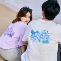 [2.5折价59元]唐狮夏季新款短袖T恤男女情侣装后背立体文字涂鸦小熊图案潮