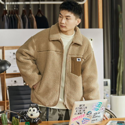 [3件8.5折220.9元,叠加优惠券]唐狮秋冬季新款仿羊羔绒棉衣男士短款拼接口袋加厚外套棉服袄子