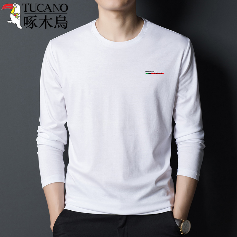 啄木鸟春秋季男装长绒纯棉长袖T恤男中年全棉上衣服打底体恤衫男
