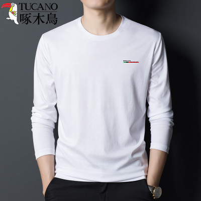 啄木鸟春秋季男装长绒纯棉长袖T恤男中年全棉上衣服打底体恤衫男