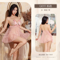 九里晴川情趣内衣性感珍珠蝴蝶结吊带裙开档透视诱惑内衣战袍睡裙