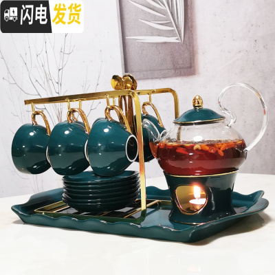 三维工匠花茶茶具套装北欧式煮水果茶壶茶杯耐热玻璃陶瓷英式下午茶茶具 孔雀绿1壶1炉6杯6碟6勺+架+托盘送蜡烛
