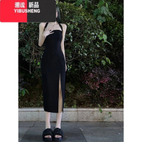 YIBUSHENG性感辣妹修身黑色包臀裙2024新款法式开叉吊带挂脖连衣裙子女季
