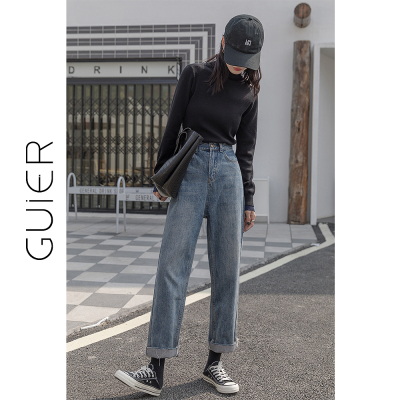 SUNTEK毛边宽松直筒牛仔裤女2020年新款秋冬显瘦九分高腰裤牛仔裤