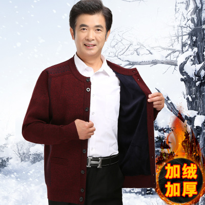 HongZun秋冬中老年人爷爷防寒保暖加绒加厚毛衣外套中年爸爸圆领毛开衫毛衣