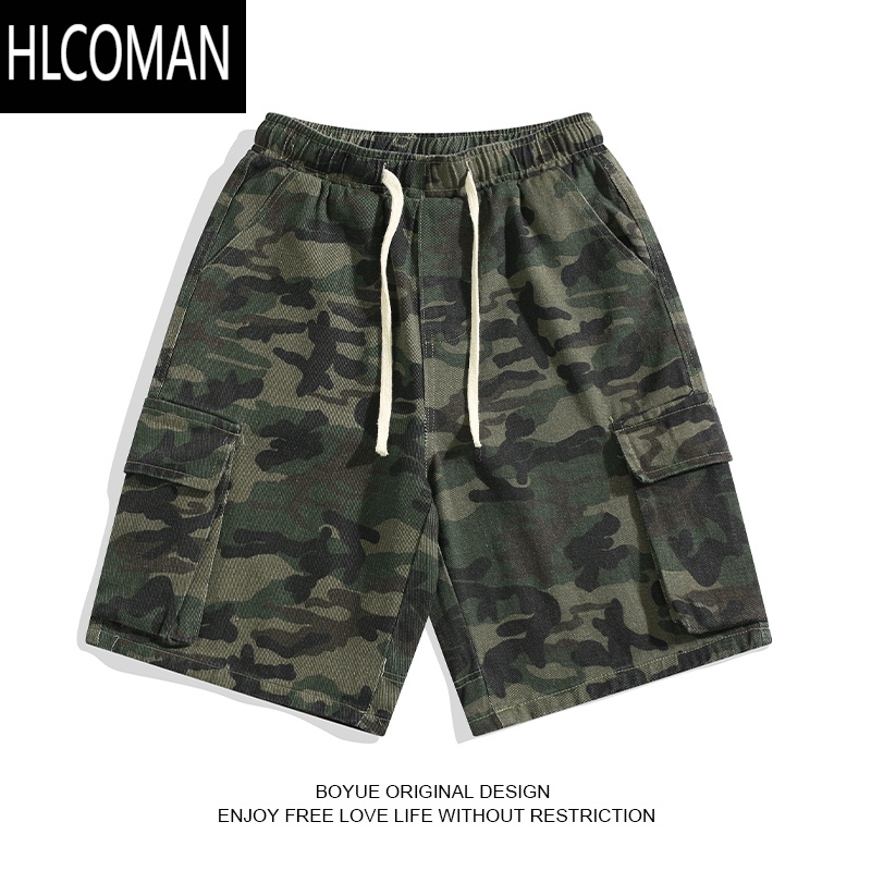 HLCOMANBOYUE帛跃美式复古迷彩牛仔短裤男夏季高街hiphop潮流直筒工装裤