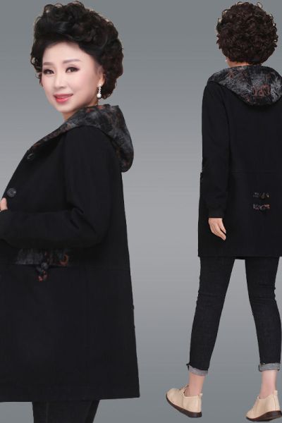 迪鲁奥（DILUAO)中年牛仔外套女妈妈外套女春秋中年连帽牛仔时尚洋气50岁中老年人秋装中长款上衣