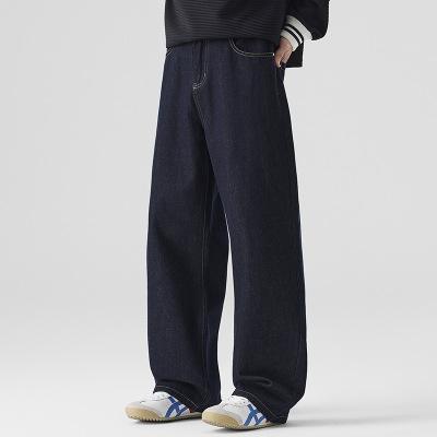 春秋深蓝阔腿牛仔裤MEN美式复古宽松直筒裤潮男高街百搭长裤子