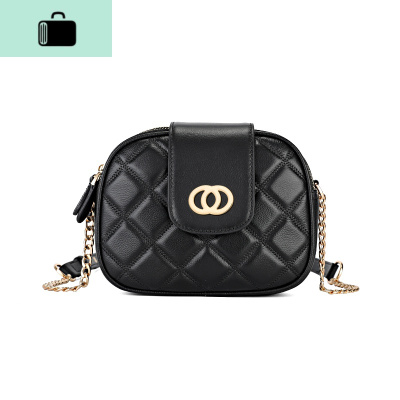皮链条包女2020新款菱格女包单肩小包包女百搭夏季斜挎小圆包潮NEW LAKE 黑色头层牛皮女斜挎包