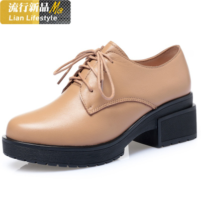 头层牛皮春秋款女士皮鞋中跟真皮系带单鞋工作鞋厚底大码中年女鞋知义(ZHIYI)休闲鞋