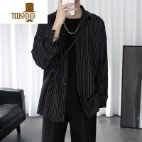 YANXU黑色条纹衬衫男款大码长袖潮流胖子休闲港风男生帅衬衣外套