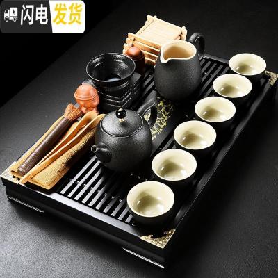 三维工匠黑陶粗陶功夫茶具套装家用简约实木竹茶盘复古茶壶盖碗茶杯 黑陶冠壶10头+黑色八马盘(43*28*5cm) 10件