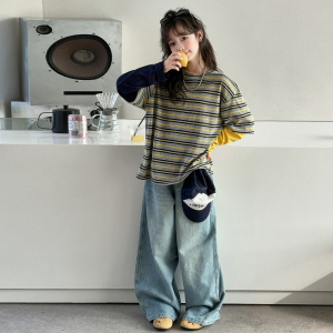 女童卫衣春季套装2026新款洋气女孩韩系假两件条纹长袖T恤牛仔裤