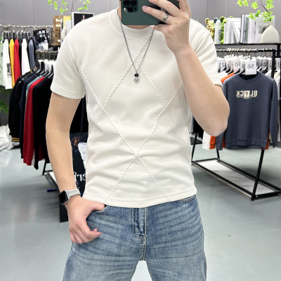男士圆领针织短袖T恤春夏修身弹力冰丝镂空透气菱格半袖打底衫潮
