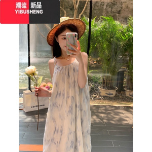 YIBUSHENG大码复古扎染连衣裙季设计感小众甜美裙子胖mm遮肚显瘦吊带裙女