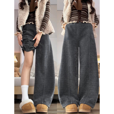 灰色毛呢裤女秋冬季加绒新款雪尼尔休闲小个子窄版阔腿裤_873_62