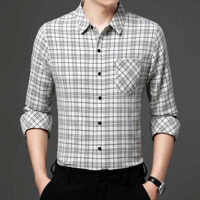 秋季新款男士长袖衬衫中年休闲格子真口袋翻领爸爸衬衣男士打底