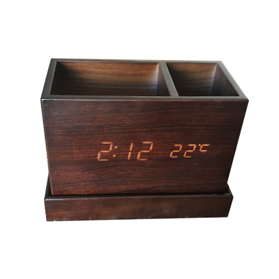 实木笔筒多功能创意时尚办公用品桌面摆件木质文件收纳盒商务礼品定制logo胡桃木笔筒带声控时钟黄色数字