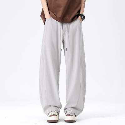 夏季男士冰丝阔腿裤宽松垂感直筒休闲裤薄款速干抽绳运动长裤子男