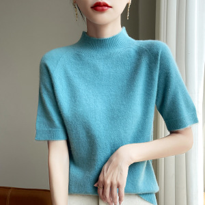 秋冬新款一线成衣半高领宽松短款纯色内搭针织衫短袖半袖上衣