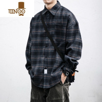 YANXU复古磨毛格子衬衫男青年工装长袖潮牌宽松毛呢衬衣休闲外套潮