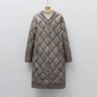 女式90绒轻薄羽绒圆领菱形格中长款女装轻薄款羽绒服