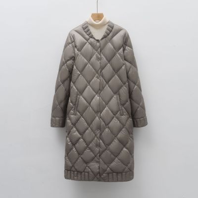 女式90绒轻薄羽绒圆领菱形格中长款女装轻薄款羽绒服