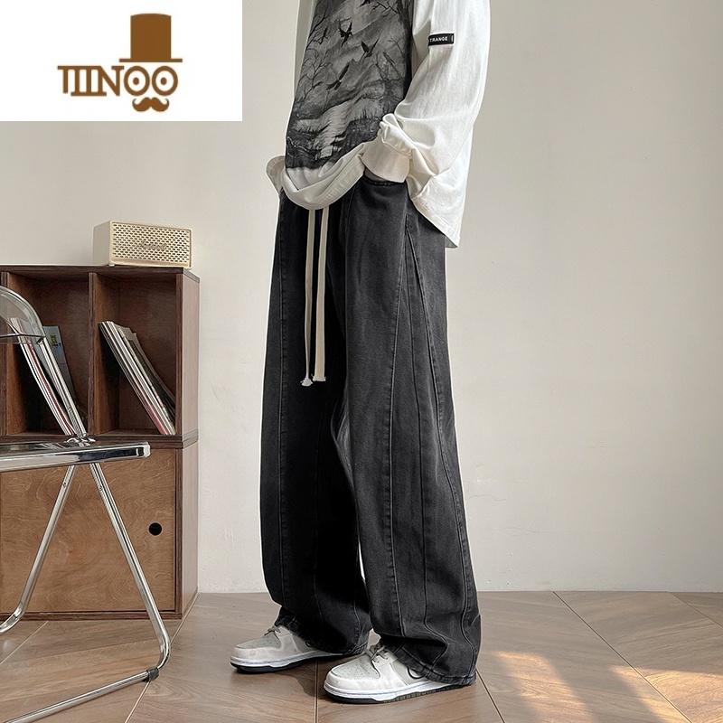 YANXU美式复古ins裤子痞帅感黑灰色牛仔裤男抽绳松紧腰宽松直筒裤