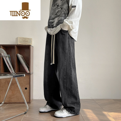YANXU美式复古ins裤子痞帅感黑灰色牛仔裤男抽绳松紧腰宽松直筒裤