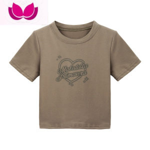 七斓粉色短款正肩T恤女夏季新款爱心印花内搭修身显瘦短袖甜辣风上衣