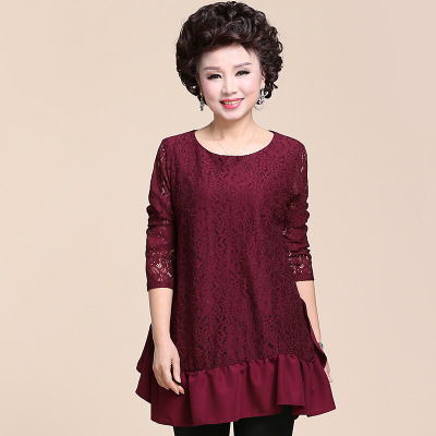 迪鲁奥(DILUAO)妈妈冬装打底衫中年女人2021新款秋装中老年时尚洋气蕾丝衬衫袖上衣 红色