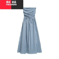 YIBUSHENG格子抹胸裙一字肩连衣裙女季法式气质设计感收腰海边度假长裙子