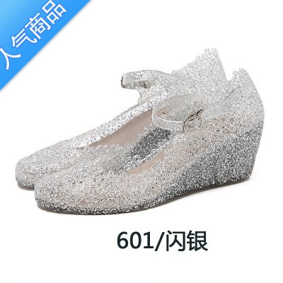 SUNTEK水晶凉鞋女坡跟夏新款高跟婚鞋塑料2023年厚底公主一字带仙女透气