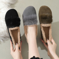 真皮牛反绒冬季一脚蹬真毛装饰中口低跟大码牛筋底乐福鞋