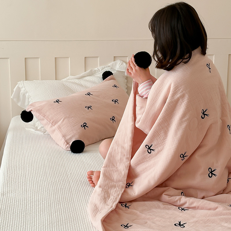 ins少女心全棉纱布夏凉被蝴蝶刺绣可机洗软糯皱皱纱毛球球空调被