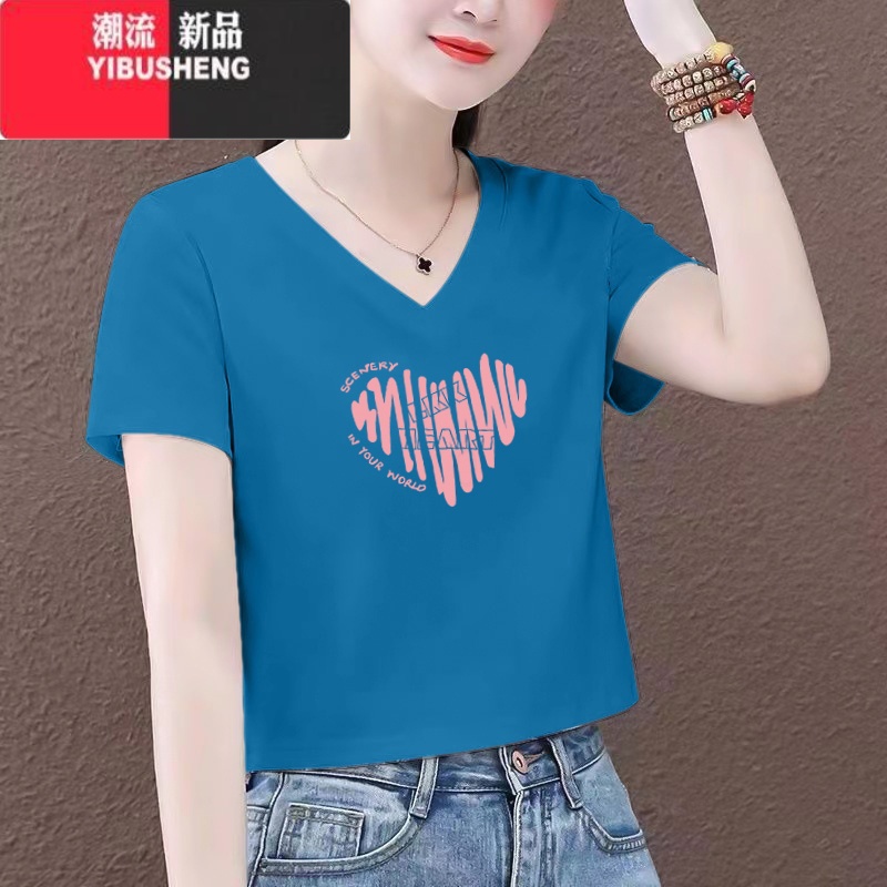 YIBUSHENGv领短袖t恤女2024新款季大码宽松百搭印花小个子短款上衣服