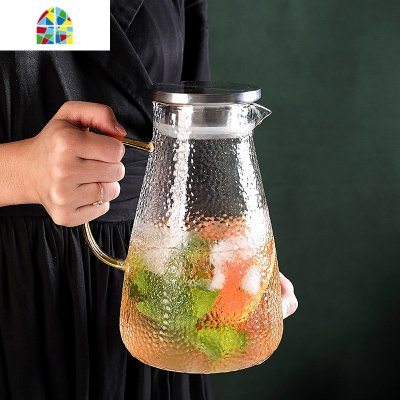 封后北欧水具套装家用玻璃冷水壶耐热轻奢水杯套装客厅简约锤纹凉水 锤纹饮具-斜身水壶x1+直身杯x6+6杯架x1+铁凉水壶